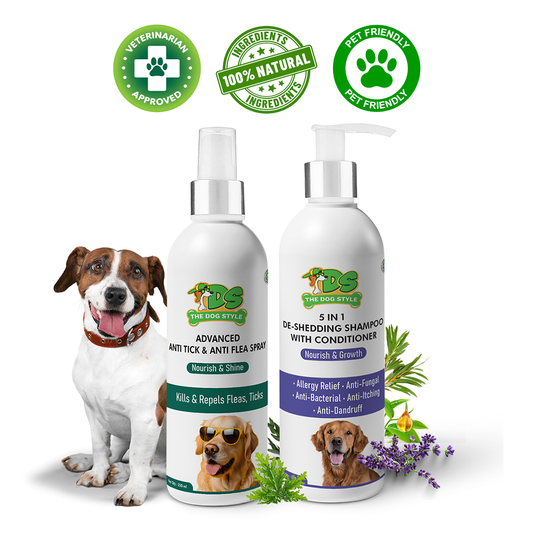 The Dog style Combo Pack of 2 of 5 In 1 De-Shedding shampoo + Anti Tick Flea spray