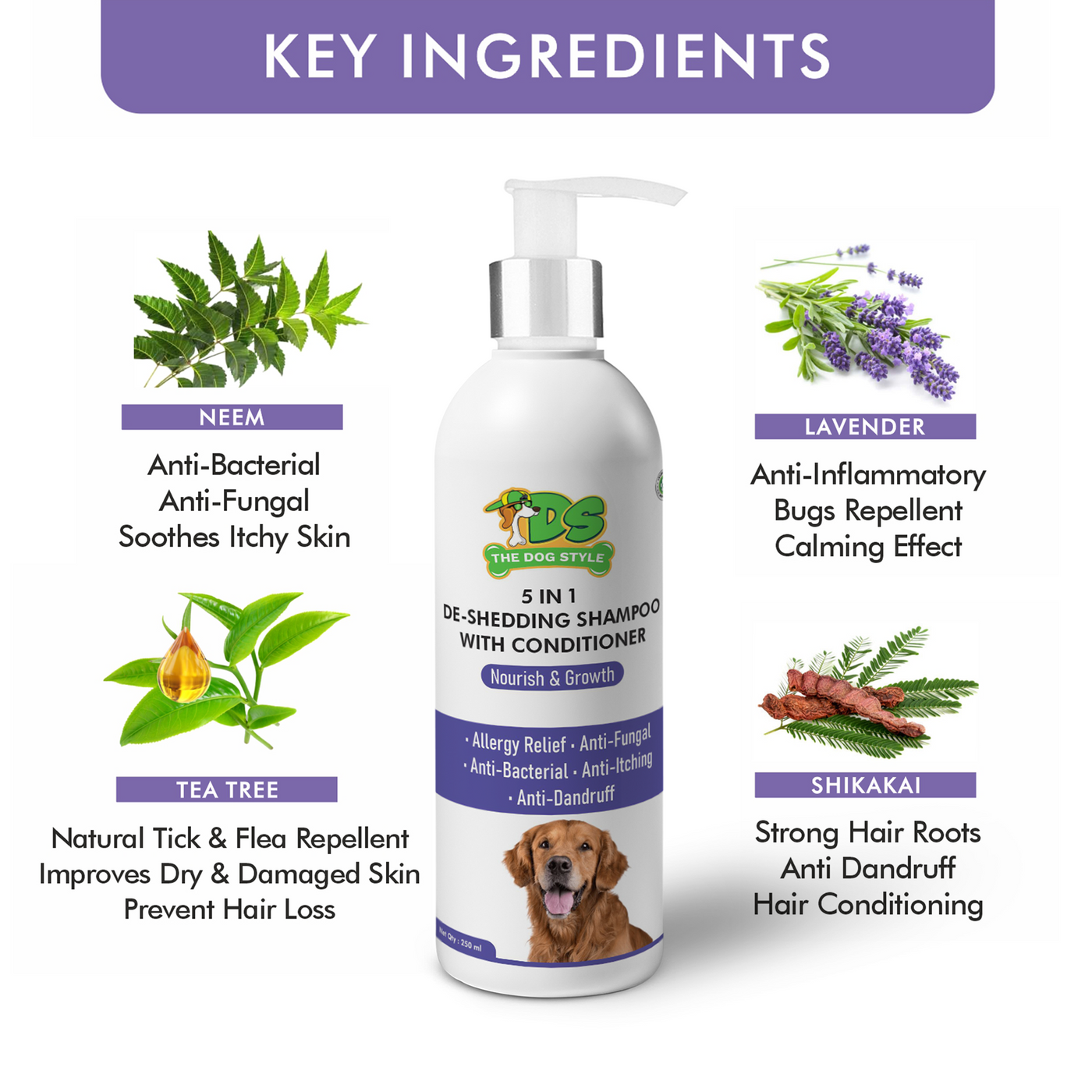 The Dog Style Combo: 5-in-1 De-Shedding & Allergy Relief Lavender Shampoo (500ml)